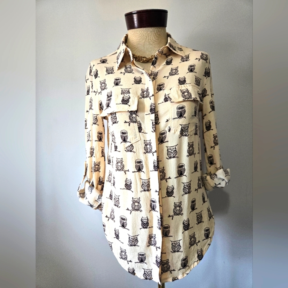 PORRIDGE ANTHROPOLOGIE Cream Owl Print Button-Up Shirt. Size Small